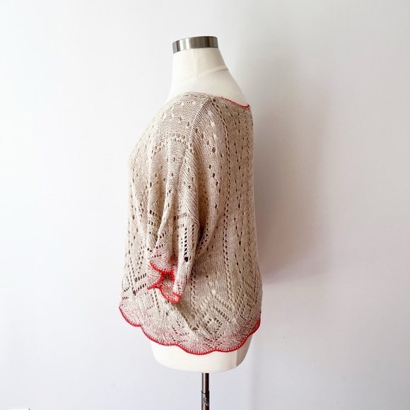 Sundance Beige Openwork Knit Blouse with Orange Trim, Casual Beach Coastal - Picture 2 of 6